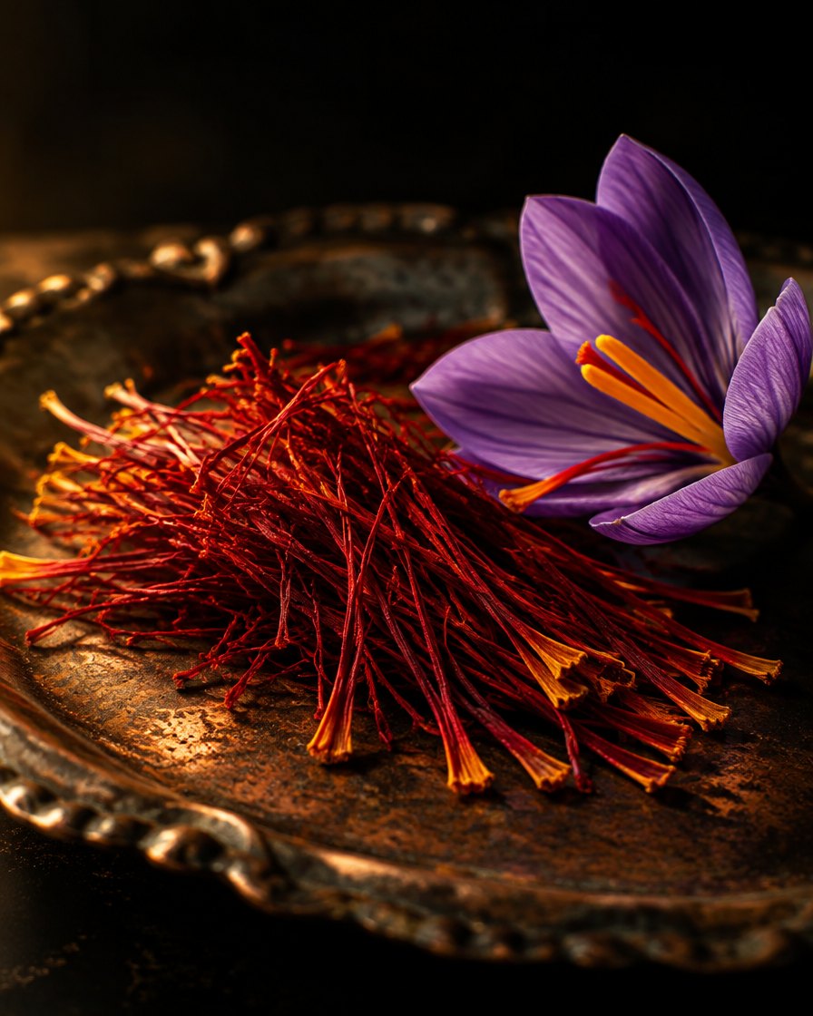 Stimmi di zafferano e un fiore di Crocus su un vassoio di rame