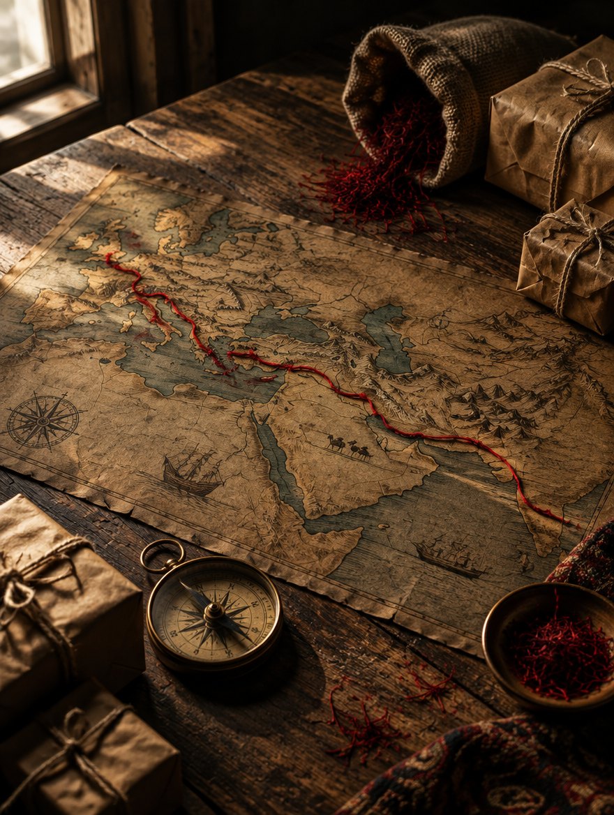 Una mappa antica, una bussola e pacchi legati con lo spago