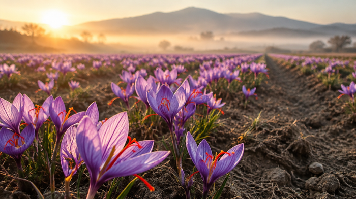 Campo di zafferano in fioritura all'alba, con i fiori viola e i pistilli rossi in primo piano (immagine generata con IA)