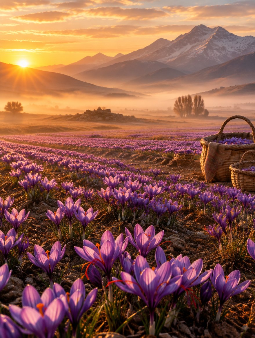 Campo di fiori di zafferano all'alba, con le montagne sullo sfondo